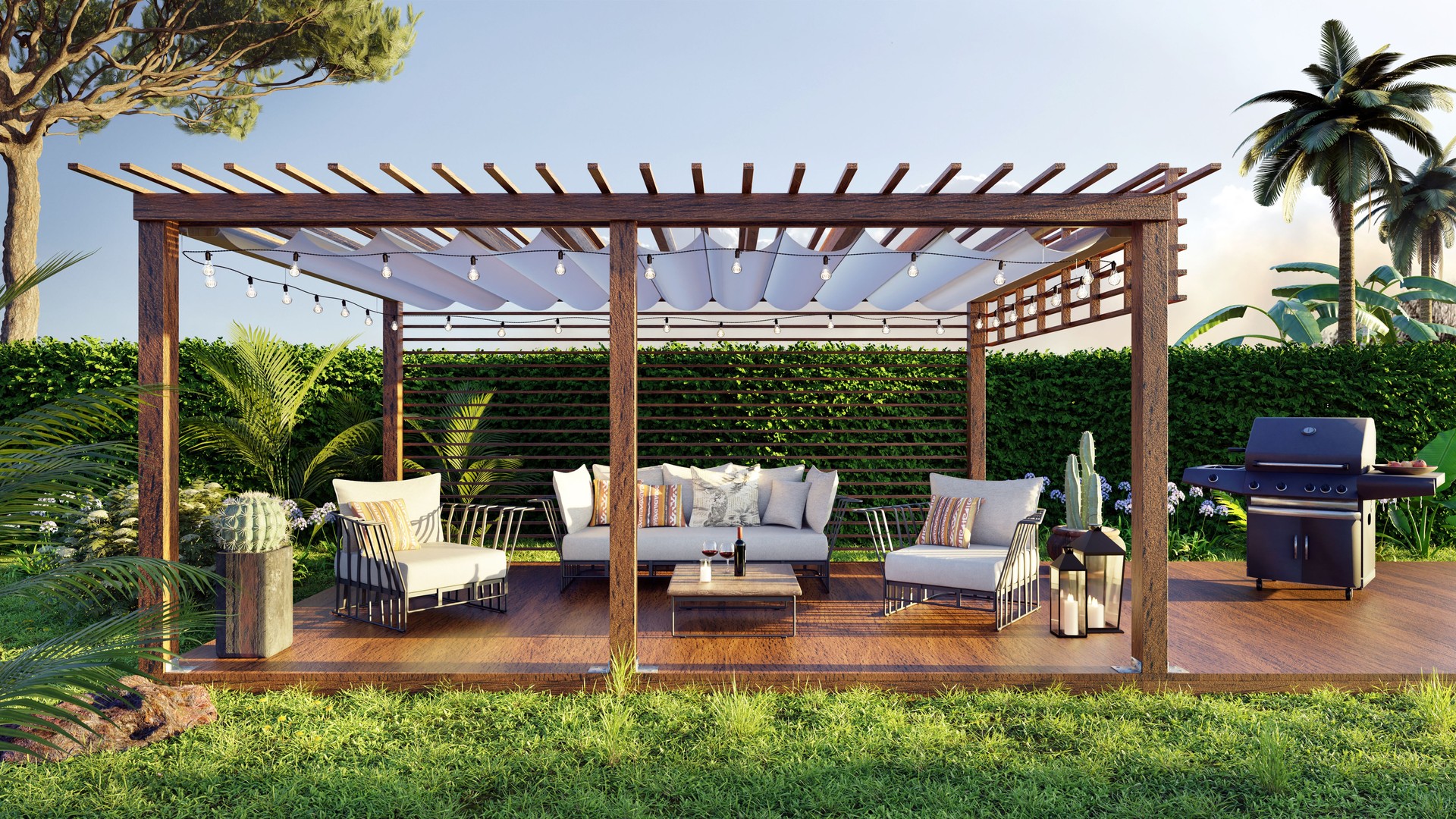 3D render of teak wooden deck with outdoor grill