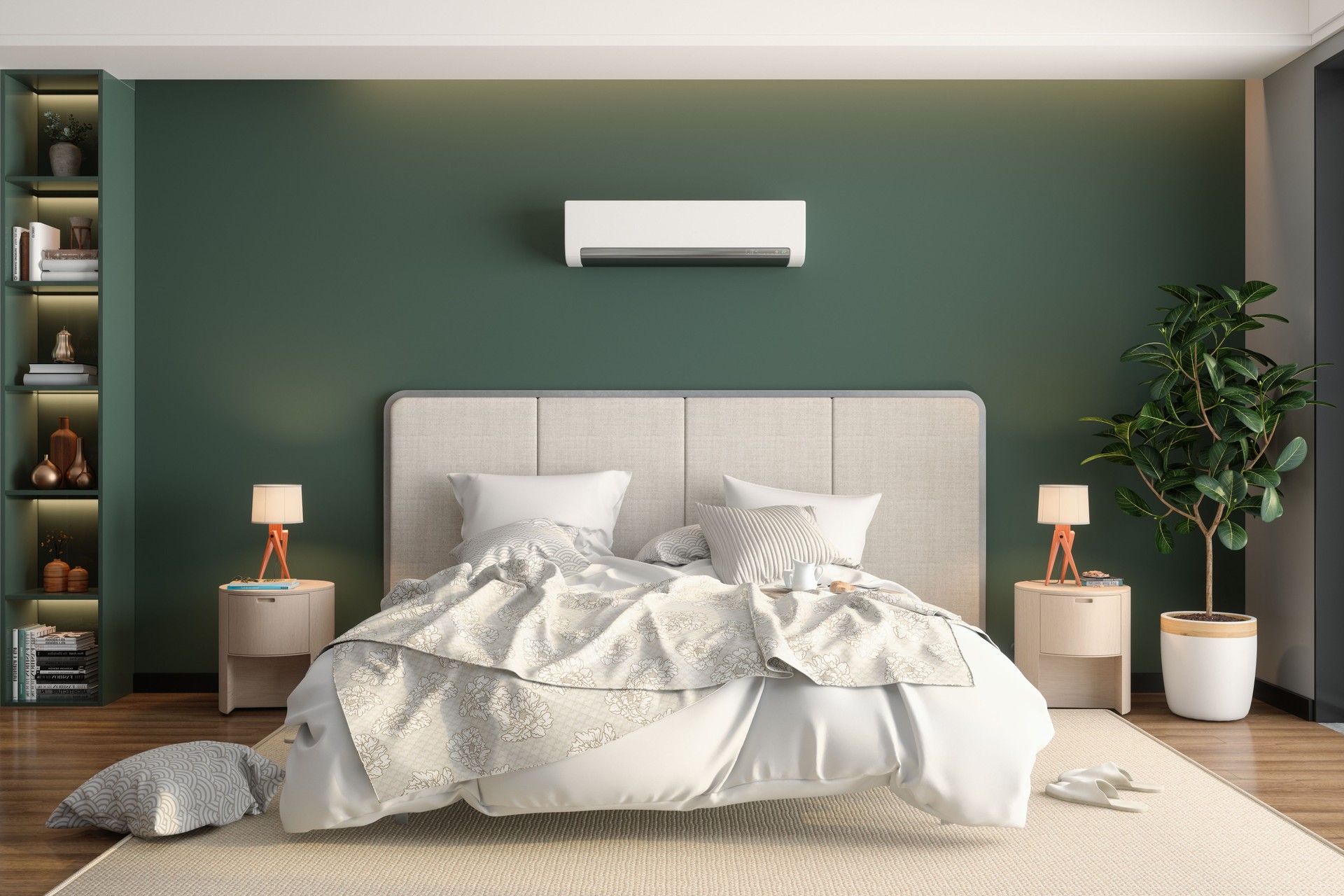 Modern Bedroom Interior With Front View Of Messy Double Bed, Air Conditioner, Night Tables And Potted Plant